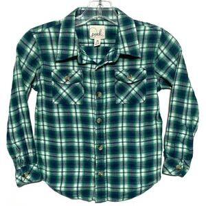 Peek Plaid Button Shirt Boys M 6-7 Blue Green Casual Classic Preppy Flap Pockets